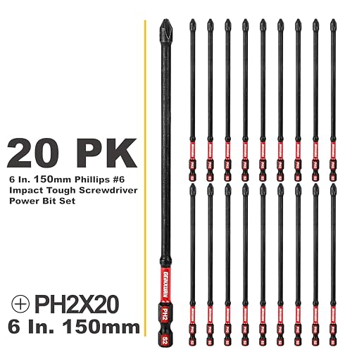 Geinxurn Impact Tough #2 Phillips 6 in. D2 Steel Long Extension Insert Driver Bits,20Pack 1/4 Inch Hex Shank Long Cross Magnetic PH2 Screwdriver Bits Set - size: 6"-D2PH2-20PCS