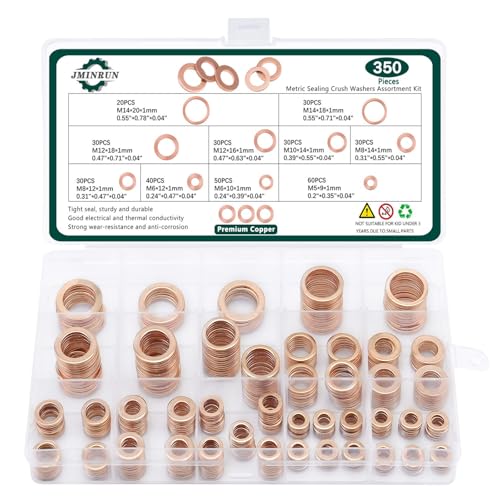 350 PCS, Premium Copper Metric Sealing Crush Washers Assortment Kit, Enhanced Flat Ring Oil Drain Plug Crush Washer Gasket Seal Set, Banjo Bolt Washers for Automotive, Motorcycles （10 Size） - color: Copper Washers - Metric - 350 Pcs