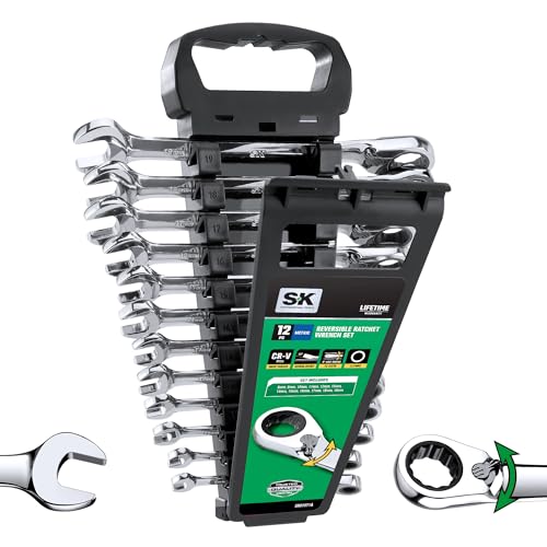 SK Reversible Ratcheting Wrench Set, Combination Wrench Set, 12-Piece, Metric 8-19 mm, 72-Tooth, Premium CR-V Construction, with Rack Organizer - size: 8-19 mm