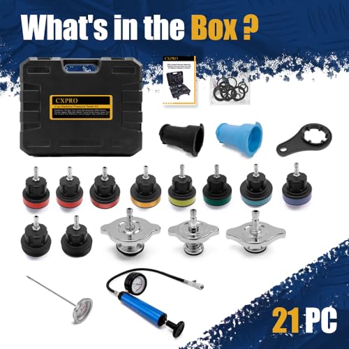 21pc Coolant Pressure Tester Kit, 15 Radiator Adapters & Wrench, with Vacuum Pump & Probe Thermometer for Automotive Cooling System Pressure Tester Kit - size: 21PC