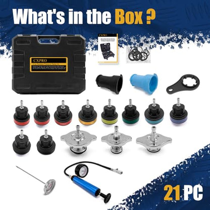 21pc Coolant Pressure Tester Kit, 15 Radiator Adapters & Wrench, with Vacuum Pump & Probe Thermometer for Automotive Cooling System Pressure Tester Kit - size: 21PC