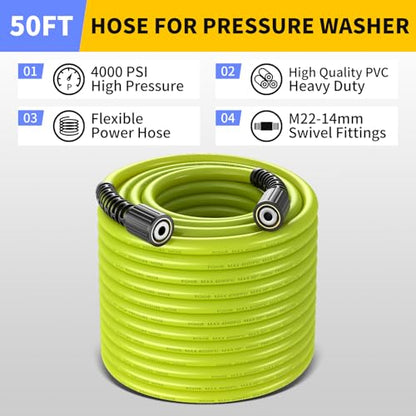 Pressure Washer Gun with Foam Cannon & 50ft Power Washer Hose 3600PSI Kit | POHIR 3/8'' Quick Connector & M22 15mm/14mm Fittings & 7 Nozzle Tips, Power Washing Hose and Gun Kit with 15" Extension Wand