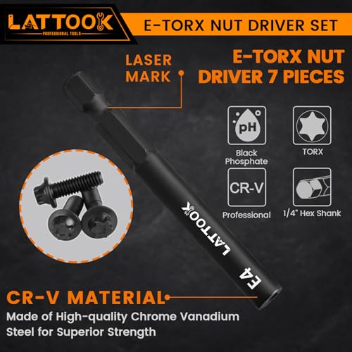 7PCS E-TORX Nut Driver Set | 1/4'' Hex Shank, Female Torx Nut Driver, External Star Nut Driver Set for Impact Drill, E4 E5 E6 E8 E10 E12 E14