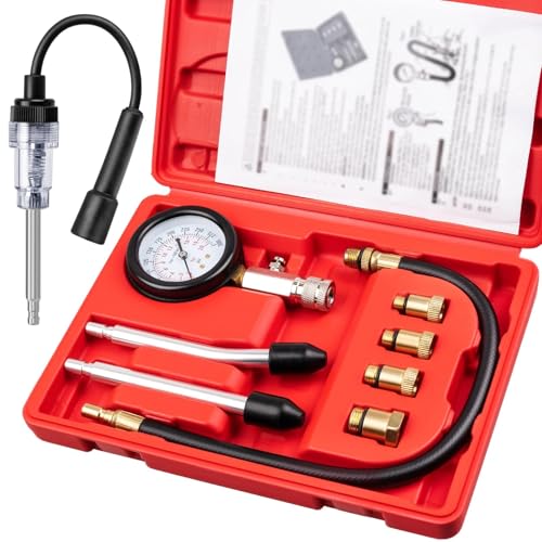 9pcs Petrol Engine Cylinder Compression Tester Kit Include Spark Plug Tester, 0-300PSI Small Engine Compression Tester for Testing Automotive Motorcycle Chainsaw Outboard Motor Snowmobile