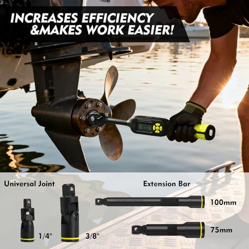 3/8 Torque Wrench Digital (5.02-99.6 Ft.Lb)±2% High accuracy Spark Plug Socket & Tire, Electric Torque Wrench Digital with Extension Bars, Buzzer and LED Flash Alert, for Bike/Moto/Auto Repair