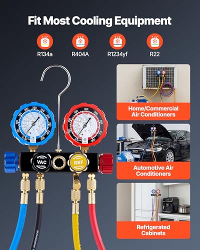 VEVOR AC Manifold Gauge Set for R134a R404A R1234yf R22 Refrigerant, 4 Way AC Gauge with 5 ft Hoses, Adapters, Quick Couplers, Can Taps for Automotive Air Conditioning Maintenance, Charging Evacuation - size: R134a/R404A/R1234yf/R22, style: 4 Way with Box
