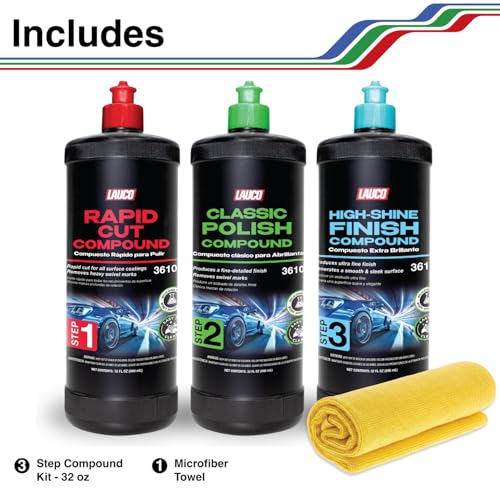 LAUCO 3-Step Kit – Steps 1 2 3 – 32oz, with a Towel, Professional Silicone-Free Cutting, Polishing & Finishing Compounds for Scratch Removal, Clear Coat Safe High-Gloss Finish - style: Combo–32oz