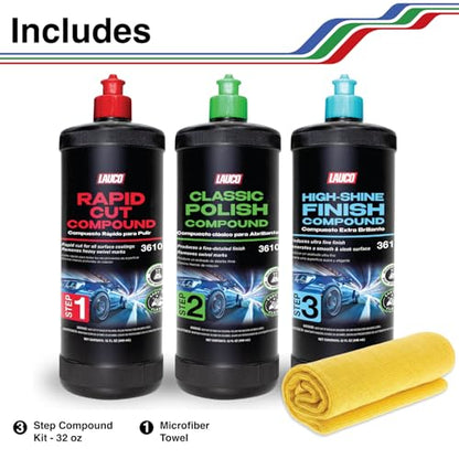 LAUCO 3-Step Kit – Steps 1 2 3 – 32oz, with a Towel, Professional Silicone-Free Cutting, Polishing & Finishing Compounds for Scratch Removal, Clear Coat Safe High-Gloss Finish - style: Combo–32oz
