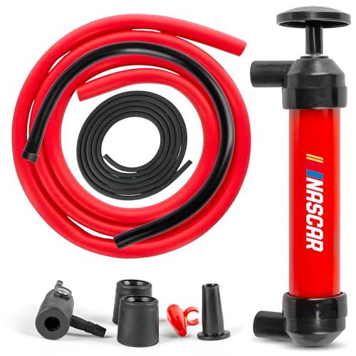 NASCAR Transfer Pump, Multi-Use Siphon Fuel Transfer Pump Kit for Gas Oil and Liquids, Leak-Free Gasoline Portable Fluid Transfer & Air Pump Kit for Water, Tires & More, Red & Black