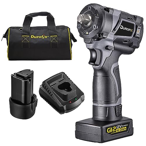 Durofix 12V Brushless Stubby 1/2" Cordless Impact Wrench Tool Kit,400 ft-lb,3-Stage Auto Shutoff,ETC,Smart Reverse,LED,Compact 5.2" 2.2 lbs,2 Batteries(4.0+2.0Ah),Charger,Bag,RI12184-4-P2G