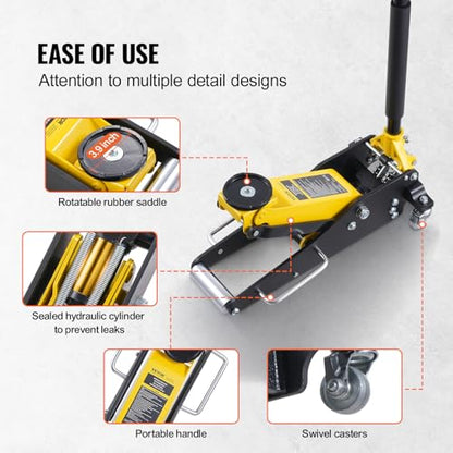 VEVOR Low Profile Floor Jack 2 Ton (4400 lbs), Heavy Duty Aluminum Hydraulic Racing Floor Jack, Hydraulic Car Jack, Dual Piston Quick Lift Pump, 3.2"-14.6" Height Lifting Range (Yellow)