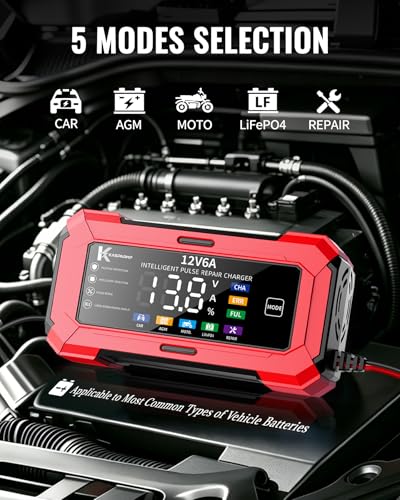 Car Battery Charger and Automatic Trickle Charger, Battery Maintainer with Intelligent Pulse Repair, Digital Display, Trickle Charger for Car Battery 12V 6A for AGM, LiFePO4, Motorcycle Batteries