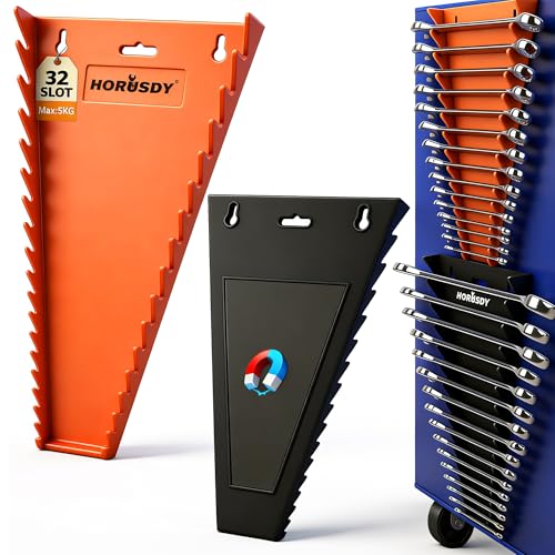 HORUSDY 2-Piece Magnetic Wrench Organizer, 32-Slot Wrench Storage Rack for Toolboxes, Drawer & Garage, SAE (1/4" - 1-1/16") & Metric (6mm - 24mm) Wrench Holder, Black & Orange, 11LBS Capacity - style: 2-Piece Magnetic Wrench Organizer, 32-Slot