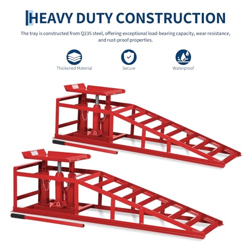 Jojoka Hydraulic Car Ramps, Heavy Duty Steel, 11000 LBS, Adjustable Low Profile Lift, 9.4-13.34 in Height, Garage Service Ramps for Oil Changes, Trucks & Cars, 2PCS - color: Red