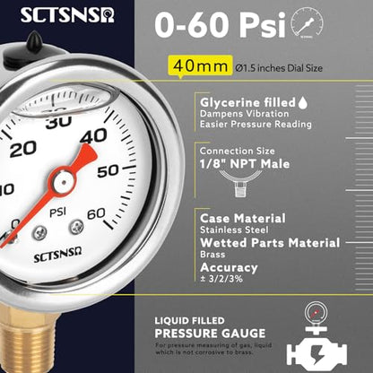 0-60 Psi Fuel Pressure Gauge, 1.5" Dial Size, 1/8" NPT Lower Mount, Stainless Steel Case, Glycerin Liquid Filled, Inline Low Pressure Gauge, for Oil Water Air Pressure Test - size: 0-60 Psi, style: Lower Mount