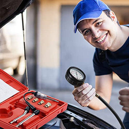 9 Pcs Automotive Compression Tester Kit and Spark Plug Tester, Red | 0-300PSI Universal Car Motorcycle Chainsaw Outboard Motor Snowmobile Engine Testing Tools for Cylinder Pressure Gauge - color: Red