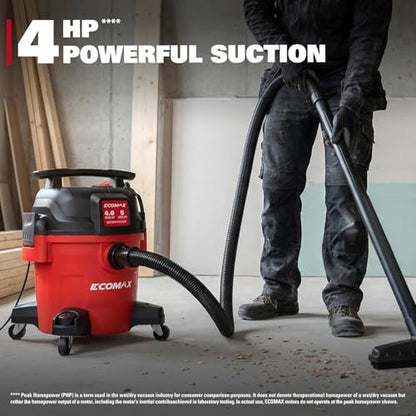 ECOMAX Ultra Quiet Shop Vacuum Wet and Dry 5 Gallon 4 HP | 80% Quieter Operation, 3X Longer Lifespan, Powerful Sunction & Portable Design for Garage, Workshop & Jobsite (EM18421P-5A)