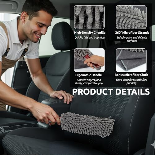 TAKAVU Car Duster Interior, 360° Microfiber Fingers, Lint & Scratch Free | Unbreakable Comfort Handle Duster, Includes Microfiber Towel, Lint-Free & Safe for Car & Home Interior, Gray - size: Microfiber Chenille
