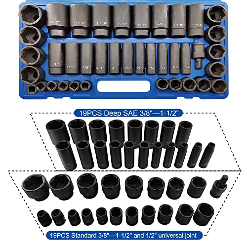 MacWork 39PCS 1/2-Inch Drive Impact Socket Set, CR-V Steel Standard & Deep Socket, SAE, 3/8" to 1-1/2", Universal Joint of 1/2", 6-Point Hex Radius Corner Design