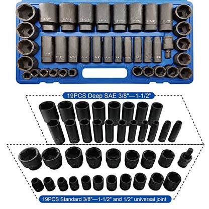 MacWork 39PCS 1/2-Inch Drive Impact Socket Set, CR-V Steel Standard & Deep Socket, SAE, 3/8" to 1-1/2", Universal Joint of 1/2", 6-Point Hex Radius Corner Design