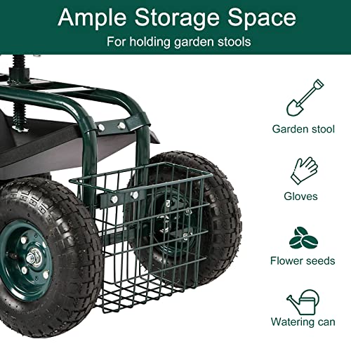 Kinfant Rolling Garden Cart Scooter Stool - Garden Cart with Wheels & Seat Rolling Stool Gardening Cart, Adjustable Handle 360 Degree Swivel (Green) - color: Dark Green