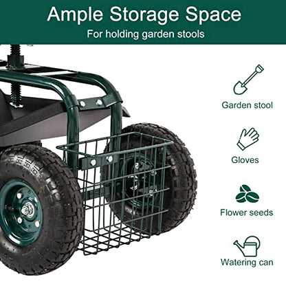 Kinfant Rolling Garden Cart Scooter Stool - Garden Cart with Wheels & Seat Rolling Stool Gardening Cart, Adjustable Handle 360 Degree Swivel (Green) - color: Dark Green