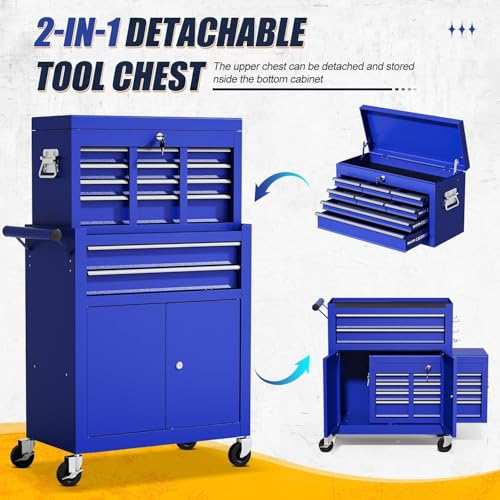 10-Drawer Rolling Tool Chest with Wheels, Rolling Tool Chest Heavy Duty, 2 in 1 Lockable Tool Box with Drawers, High-Capacity Mechanic Tool Organizer, Adjustable Shelf & Detachable Top Cabinet - color: Blue