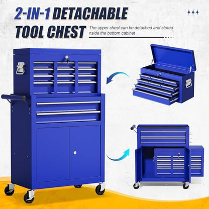 10-Drawer Rolling Tool Chest with Wheels, Rolling Tool Chest Heavy Duty, 2 in 1 Lockable Tool Box with Drawers, High-Capacity Mechanic Tool Organizer, Adjustable Shelf & Detachable Top Cabinet - color: Blue
