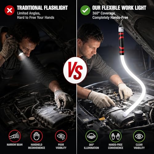 Plman 30" Flexible LED Flashlight Stick with Hook and Gloves | USB-C Charging, 3 Lighting Modes, Flexible LED Light Stick for Automotive Repair, Electrical Inspection, Camping