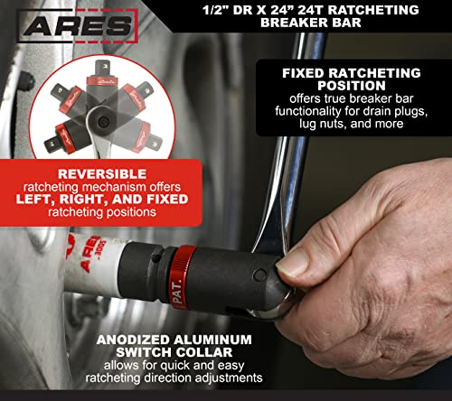 ARES 40012 – 1/2-Inch Drive Ratcheting Breaker Bar – 24-Inch Length – 24 Tooth Ratchet Design Features Reversible Ratchet Collar - size: 1/2-Inch Drive, style: 24-Inch Ratcheting Breaker Bar