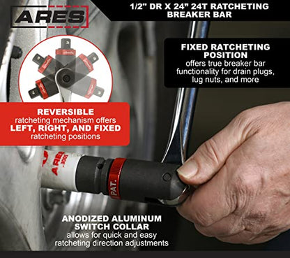 ARES 40012 – 1/2-Inch Drive Ratcheting Breaker Bar – 24-Inch Length – 24 Tooth Ratchet Design Features Reversible Ratchet Collar - size: 1/2-Inch Drive, style: 24-Inch Ratcheting Breaker Bar