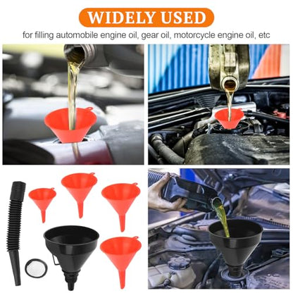 5 Pcs Automotive Funnels Set | Wide Mouth Fuel Funnels with Detachable Spout and Filter, Oil Funnel Kits for Filling Coolant, Engine Oil, Water, Gasoline