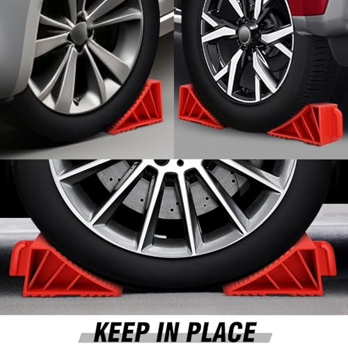 DNA MOTORING 2pcs Wheel Chocks Tire Chocks, Trailer Wheel Chocks RV Wheel Chocks for RV Trailer, Keeps Trailer in-Place, with Handle, Red, 2-Pack, TOOLS-00698