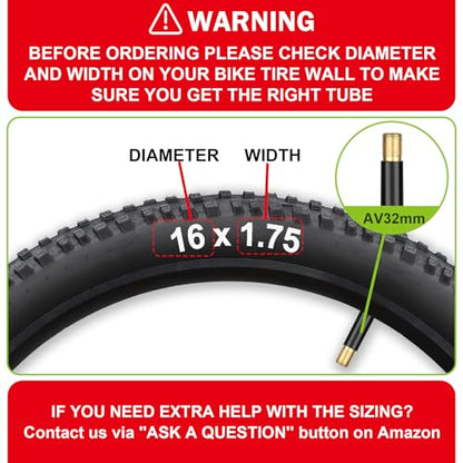 2 Pack Bike Tube 12"/14"/16"/18"/ 20"/ 22"/24"/ 26"/27.5"/28"/29" | 1.75/1.95/2.10/2.125 Bicycle Tube with 2 Tire Levers, 32mm AV Schrader Valve, Butyl Rubber Inner Tube for Kids/Road/MTB Bike - style: 16" X 1.75/2.125 (2pack)