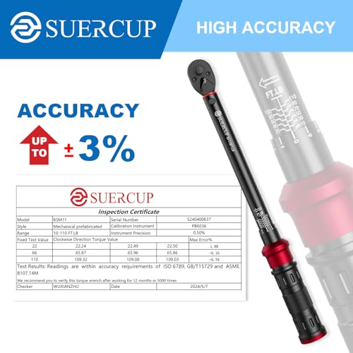 SUERCUP 3/8" Click Torque Wrench, 10-110 ft-lb, for Lug Nuts & Spark Plugs | ±3% Accuracy, 13.6-149.2Nm, Dual-Direction 72-Tooth Ratchet, Click Alert, for Engine, Suspension, Motorcycle & Car Repair - size: 3/8" 10-110Ft.Lb/13.6-149.2N.m