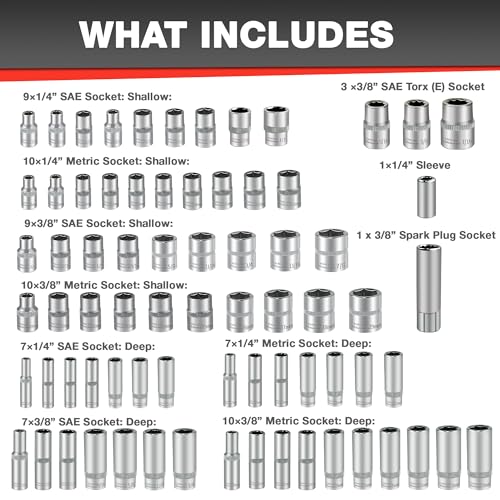EACELIY 122Pcs 1/4" & 3/8” Drive Impact Socket Set, Ratchet Socket Wrench Set with Extention Bar, Adapter, Screw Bits,Drive Bit Holder, Spark Plug Socket,CR-V - size: 122PCS 1/4&3/8inch