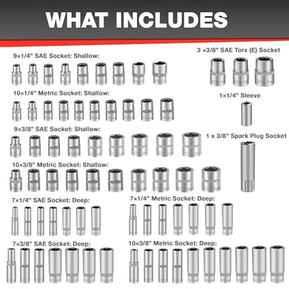 EACELIY 122Pcs 1/4" & 3/8” Drive Impact Socket Set, Ratchet Socket Wrench Set with Extention Bar, Adapter, Screw Bits,Drive Bit Holder, Spark Plug Socket,CR-V - size: 122PCS 1/4&3/8inch