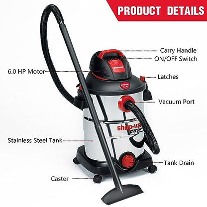 Shop-Vac 12 Gallon 6.0 Peak HP Wet/Dry Vacuum, Stainless Steel Tank, 3 in 1 Function Portable Shop Vacuum with Attachments, Drain Port, Ideal for Jobsite, Garage & Workshop. 5926211 - size: 12 Gallon