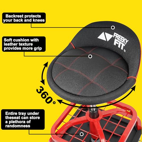 Rolling Stool with Red Wheels, Heavy Duty Garage Work Mechanic Rolling Shop Stool with Backrest, Adjustable Height 360°Swivel Roller Mechanic Chair with 2 Tool Trays, 330 LBS Capacity - color: Red Stool With Red Casters