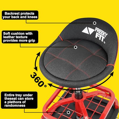 Rolling Stool with Red Wheels, Heavy Duty Garage Work Mechanic Rolling Shop Stool with Backrest, Adjustable Height 360°Swivel Roller Mechanic Chair with 2 Tool Trays, 330 LBS Capacity - color: Red Stool With Red Casters
