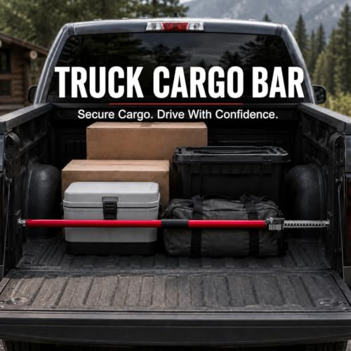 3-H Truck Bed Cargo Bar, 43"-77" Adjustable Heavy-Duty Steel Load Lock Bar with Push-Lock Safety Latch, Truck Bed Divider with Non-Slip TPR Pads for Pickup Trucks, SUVs, Vans,Red,1pc