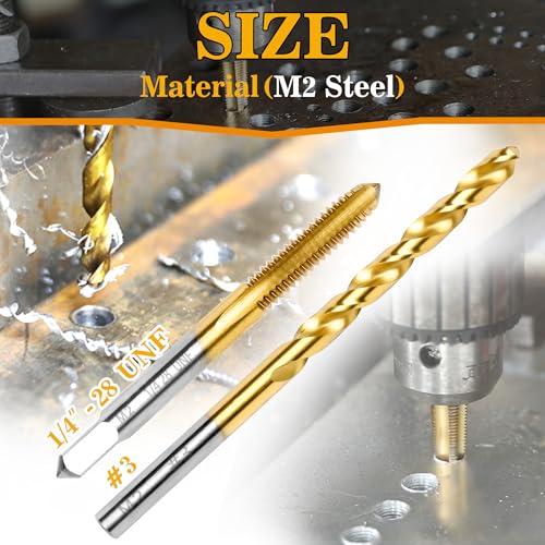 1/4"-28 UNF Tap and #3 Drill Bit Kit for Metal,M2 HSS Drill and Tap Set | Combination of Drill and Tap Kit for Metal - size: 1/4"-28 UNF Tap - #3 Drill
