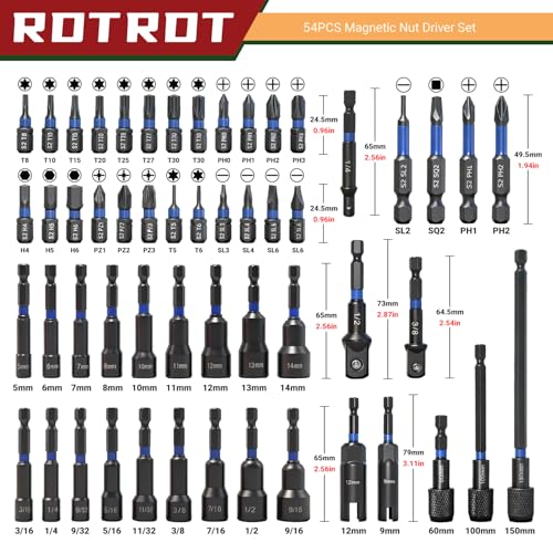 54-Piece Magnetic Nut Driver Set, Impact Drill Driver Bit 1/4", Metric & SAE Nut Drivers for Impact Drill, Socket Adapters, Screwdriver Bit, Quick-Release Extension, Wing Nut Driver, Storage Box - size: 54-Piece Magnetic Nut Driver Set