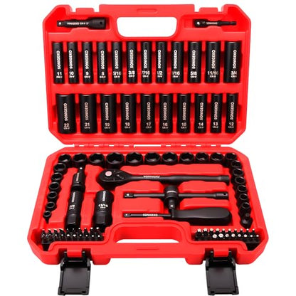 95-Piece 3/8" Drive Impact Socket Set, 6-Point Deep & Standard SAE/Metric CR-V Sockets with Ratchet Handle & Security Bits - size: 95 PCS, 3/8" Socket Set, Metric & SAE