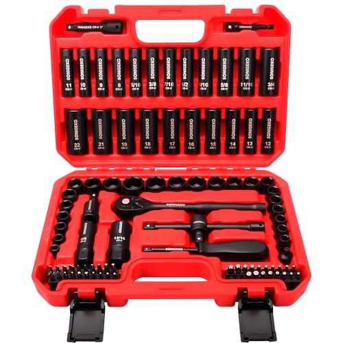 95-Piece 3/8" Drive Impact Socket Set, 6-Point Deep & Standard SAE/Metric CR-V Sockets with Ratchet Handle & Security Bits - size: 95 PCS, 3/8" Socket Set, Metric & SAE