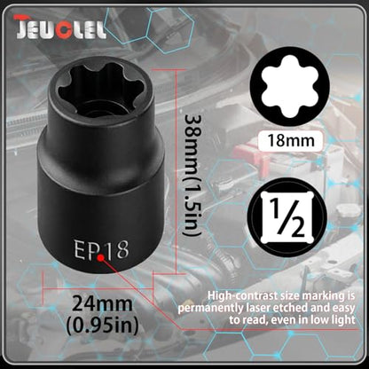 EP Socket EP18, 6 Point 1/2” Dr Female External E-Torx Plus Socket | EP Socket, Female External, E-Torx Plus Socket, External, Cr-V Steel, High Deformation Prevention - size: EP18