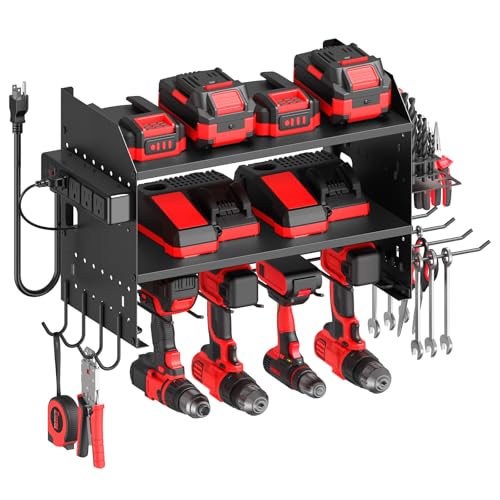 CCCEI Modular Power Tool Organizer Wall Mount with Charging, Black, 1 Pack | Drill & Battery Storage Rack with Peg Hooks, Garage Workshop, Gifts for Men, Husband, Anniversary, Birthday - color: Black