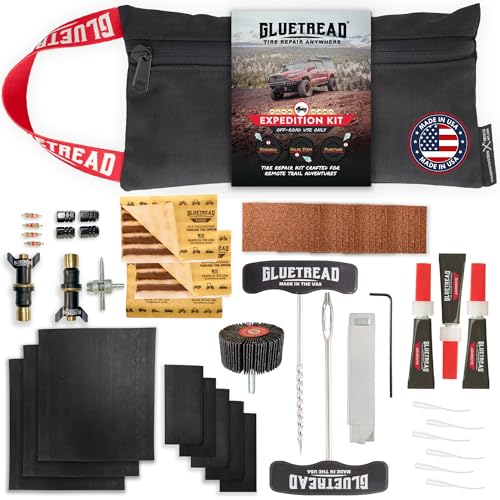 GlueTread Expedition All-Inclusive Off-Road Tire Repair Kit | Repair Any Kind of Tire Damage or Puncture | Includes Sidewall Tire Repair Patches, Plugs, and Colby Emergency Valve Stems