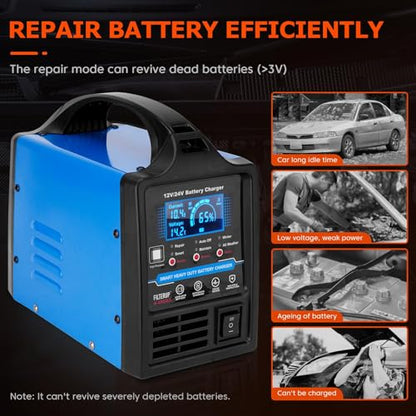 12V 24V Lead-Acid Battery Charger Heavy Duty, 0-15A Smart Automatic Battery Maintainer, Trickle Charger with Repair, Auto Off, Winter & Summer Mode, for Car Truck Boat Motorcycle RV Lawn Mower (Blue)