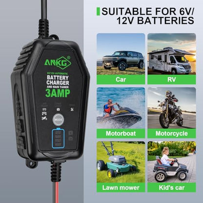 3A 6V/12V Smart Battery Charger Maintainer Fully Automatic Trickle Charger with Waterproof Desulfation for Cars, Motorcycles, Boats, LawnMowers-Compatible with Lead-Acid, LithiumLiFePO4 Batteries